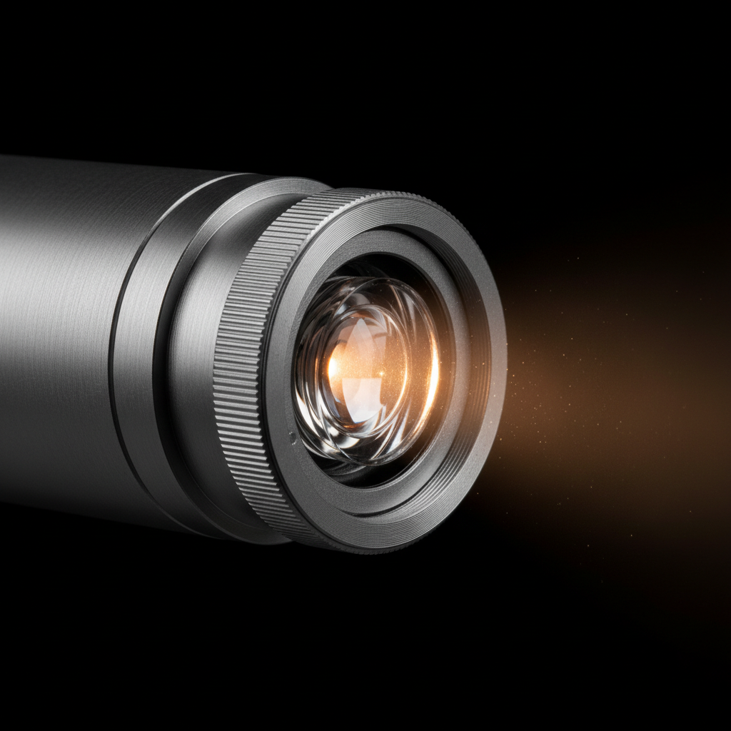 Compact LED spot projector with cylindrical brushed aluminum body and adjustable precision optics